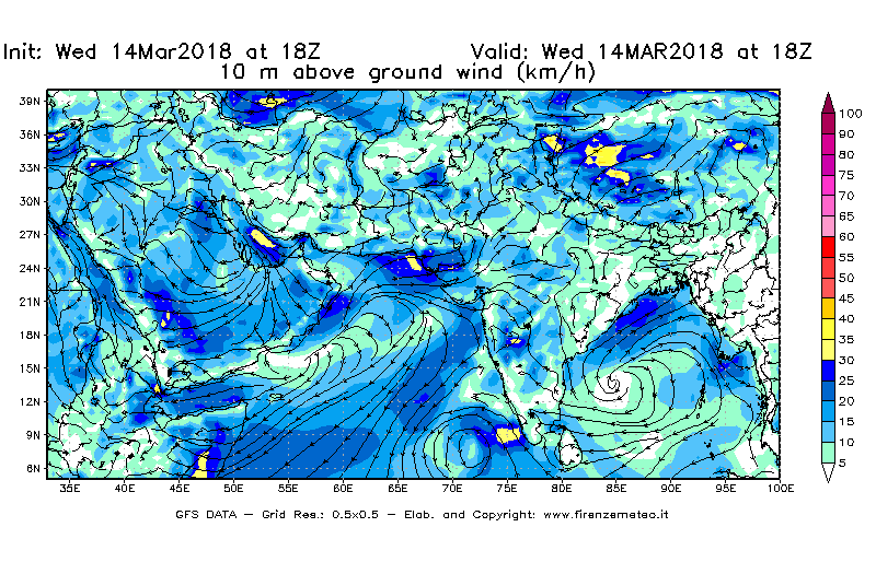 Mappa di analisi GFS - Velocità del vento a 10 metri dal suolo [km/h] in Asia Sud-Occidentale
							del 14/03/2018 18 <!--googleoff: index-->UTC<!--googleon: index-->