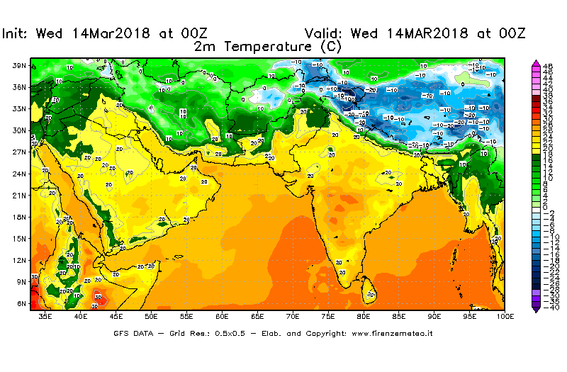 Mappa di analisi GFS - Temperatura a 2 metri dal suolo [°C] in Asia Sud-Occidentale
									del 14/03/2018 00 <!--googleoff: index-->UTC<!--googleon: index-->