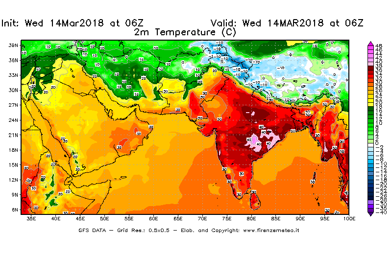 Mappa di analisi GFS - Temperatura a 2 metri dal suolo [°C] in Asia Sud-Occidentale
									del 14/03/2018 06 <!--googleoff: index-->UTC<!--googleon: index-->