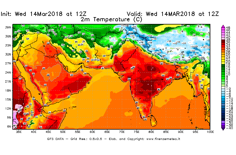 Mappa di analisi GFS - Temperatura a 2 metri dal suolo [°C] in Asia Sud-Occidentale
							del 14/03/2018 12 <!--googleoff: index-->UTC<!--googleon: index-->