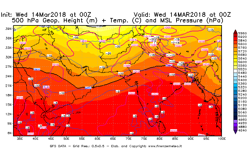 Mappa di analisi GFS - Geopotenziale [m] + Temp. [°C] a 500 hPa + Press. a livello del mare [hPa] in Asia Sud-Occidentale
							del 14/03/2018 00 <!--googleoff: index-->UTC<!--googleon: index-->