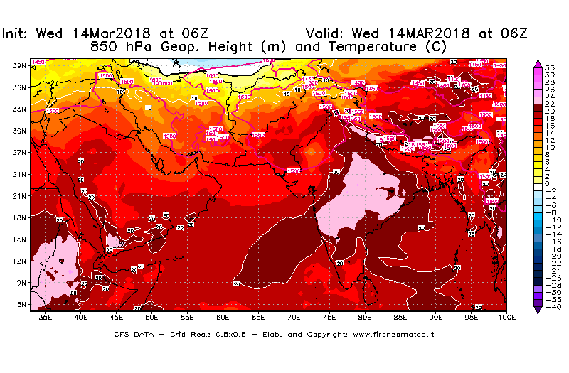 Mappa di analisi GFS - Geopotenziale [m] e Temperatura [°C] a 850 hPa in Asia Sud-Occidentale
									del 14/03/2018 06 <!--googleoff: index-->UTC<!--googleon: index-->