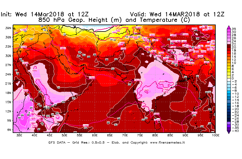 Mappa di analisi GFS - Geopotenziale [m] e Temperatura [°C] a 850 hPa in Asia Sud-Occidentale
									del 14/03/2018 12 <!--googleoff: index-->UTC<!--googleon: index-->