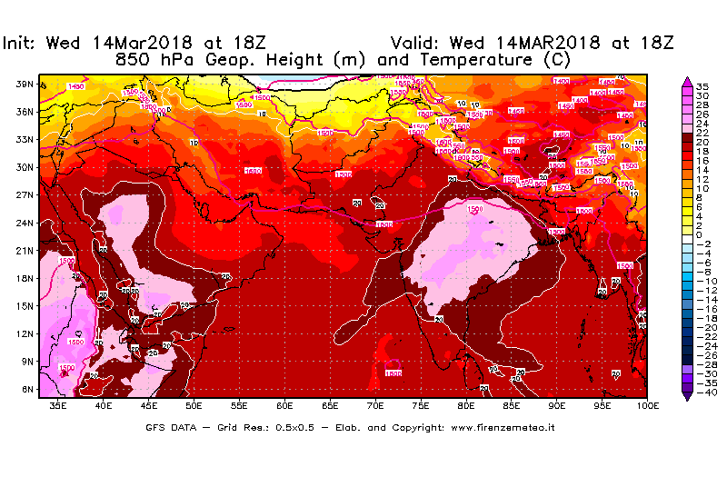 Mappa di analisi GFS - Geopotenziale [m] e Temperatura [°C] a 850 hPa in Asia Sud-Occidentale
									del 14/03/2018 18 <!--googleoff: index-->UTC<!--googleon: index-->