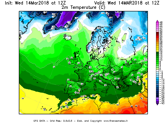 Mappa di analisi GFS - Temperatura a 2 metri dal suolo [°C] in Europa
									del 14/03/2018 12 <!--googleoff: index-->UTC<!--googleon: index-->