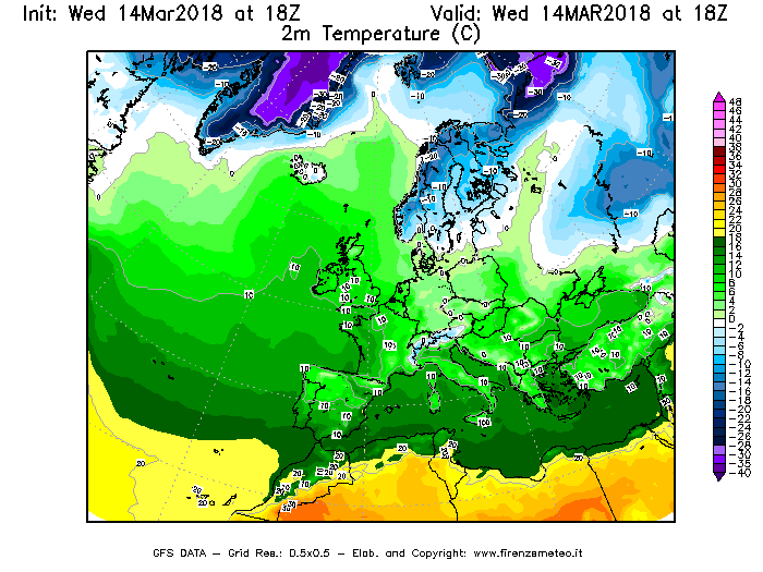 Mappa di analisi GFS - Temperatura a 2 metri dal suolo [°C] in Europa
							del 14/03/2018 18 <!--googleoff: index-->UTC<!--googleon: index-->