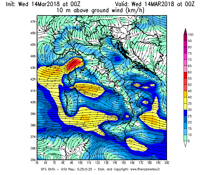 Mappa di analisi GFS - Velocità del vento a 10 metri dal suolo [km/h] in Italia
							del 14/03/2018 00 <!--googleoff: index-->UTC<!--googleon: index-->