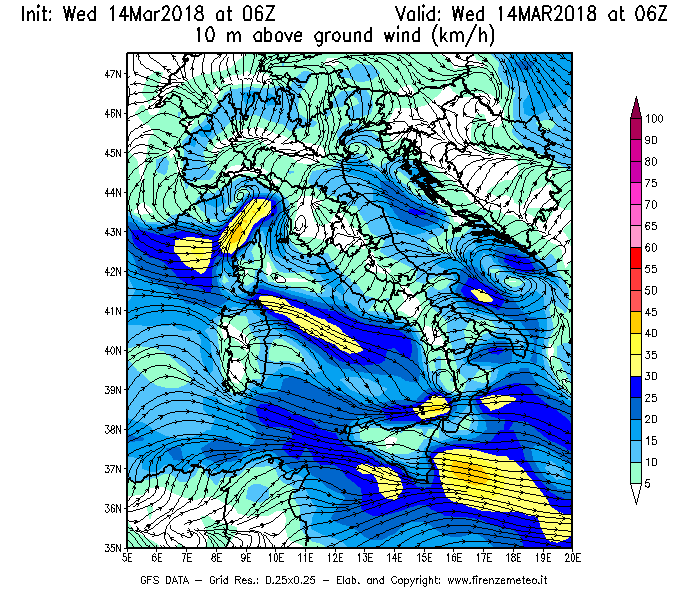 Mappa di analisi GFS - Velocità del vento a 10 metri dal suolo [km/h] in Italia
							del 14/03/2018 06 <!--googleoff: index-->UTC<!--googleon: index-->