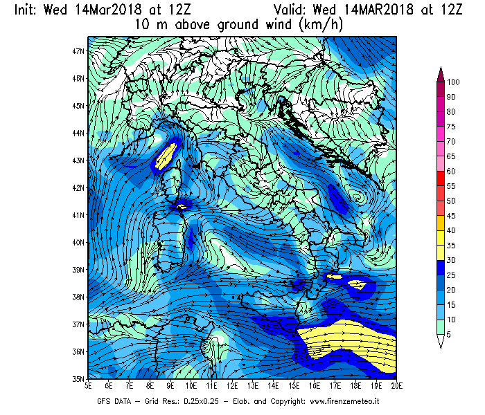 Mappa di analisi GFS - Velocità del vento a 10 metri dal suolo [km/h] in Italia
									del 14/03/2018 12 <!--googleoff: index-->UTC<!--googleon: index-->
