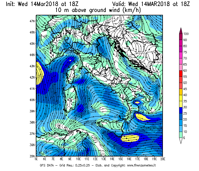 Mappa di analisi GFS - Velocità del vento a 10 metri dal suolo [km/h] in Italia
									del 14/03/2018 18 <!--googleoff: index-->UTC<!--googleon: index-->