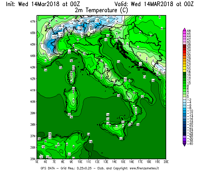 Mappa di analisi GFS - Temperatura a 2 metri dal suolo [°C] in Italia
									del 14/03/2018 00 <!--googleoff: index-->UTC<!--googleon: index-->
