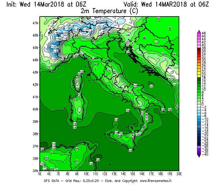 Mappa di analisi GFS - Temperatura a 2 metri dal suolo [°C] in Italia
									del 14/03/2018 06 <!--googleoff: index-->UTC<!--googleon: index-->