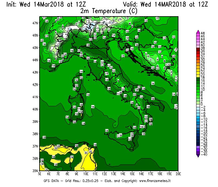 Mappa di analisi GFS - Temperatura a 2 metri dal suolo [°C] in Italia
							del 14/03/2018 12 <!--googleoff: index-->UTC<!--googleon: index-->