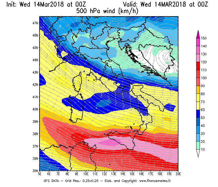 Mappa di analisi GFS - Velocità del vento a 500 hPa [km/h] in Italia
									del 14/03/2018 00 <!--googleoff: index-->UTC<!--googleon: index-->