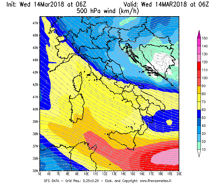 Mappa di analisi GFS - Velocità del vento a 500 hPa [km/h] in Italia
							del 14/03/2018 06 <!--googleoff: index-->UTC<!--googleon: index-->