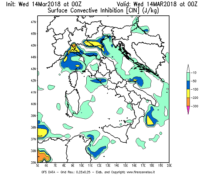 Mappa di analisi GFS - CIN [J/kg] in Italia
							del 14/03/2018 00 <!--googleoff: index-->UTC<!--googleon: index-->