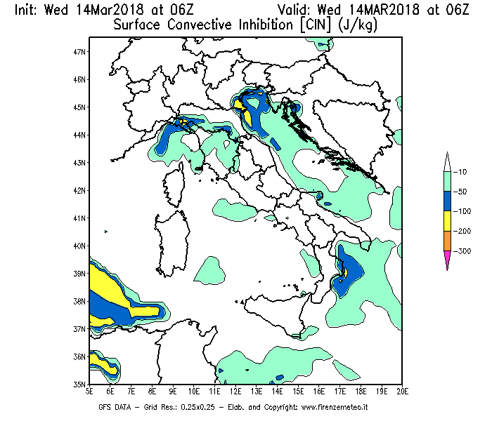 Mappa di analisi GFS - CIN [J/kg] in Italia
									del 14/03/2018 06 <!--googleoff: index-->UTC<!--googleon: index-->