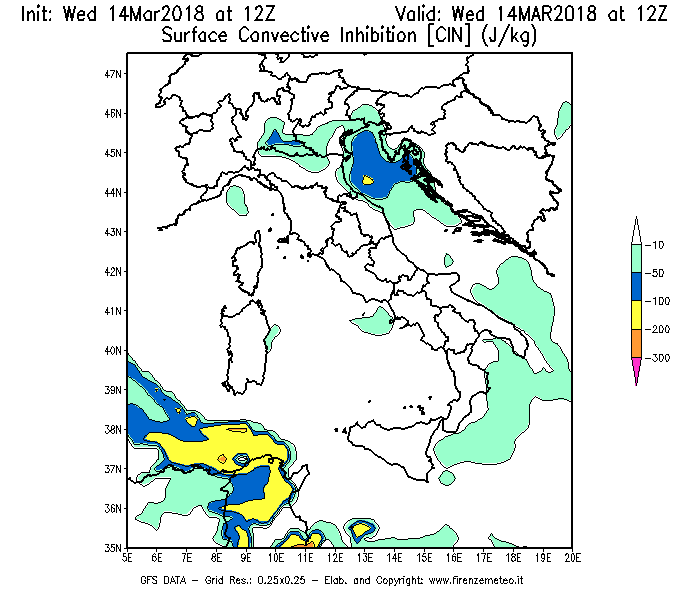 Mappa di analisi GFS - CIN [J/kg] in Italia
							del 14/03/2018 12 <!--googleoff: index-->UTC<!--googleon: index-->
