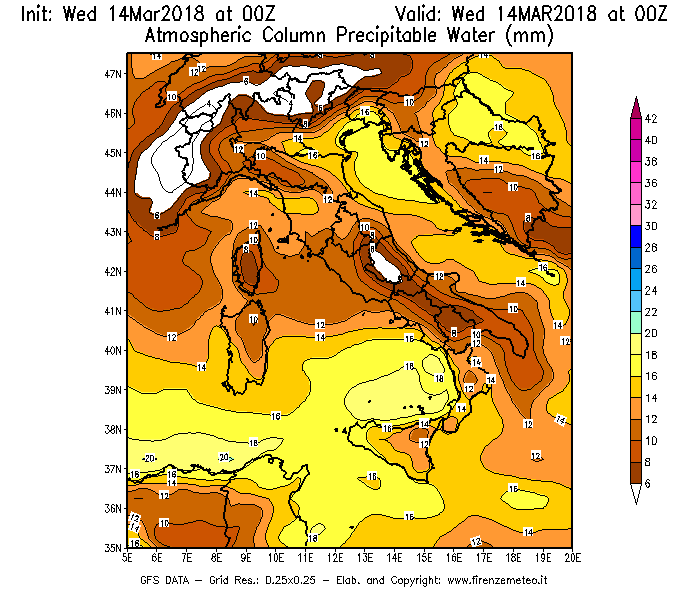 Mappa di analisi GFS - Precipitable Water [mm] in Italia
									del 14/03/2018 00 <!--googleoff: index-->UTC<!--googleon: index-->