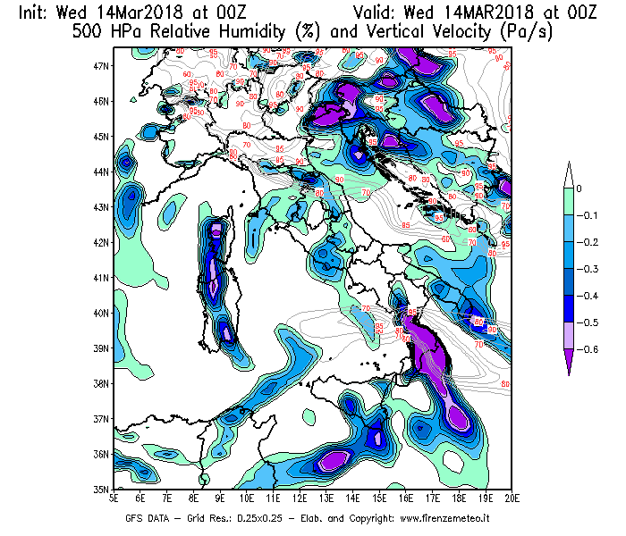 Mappa di analisi GFS - Umidità relativa [%] e Omega [Pa/s] a 500 hPa in Italia
							del 14/03/2018 00 <!--googleoff: index-->UTC<!--googleon: index-->
