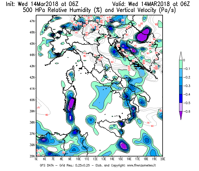 Mappa di analisi GFS - Umidità relativa [%] e Omega [Pa/s] a 500 hPa in Italia
									del 14/03/2018 06 <!--googleoff: index-->UTC<!--googleon: index-->