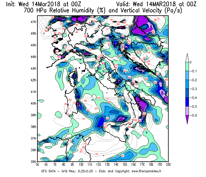 Mappa di analisi GFS - Umidità relativa [%] e Omega [Pa/s] a 700 hPa in Italia
							del 14/03/2018 00 <!--googleoff: index-->UTC<!--googleon: index-->