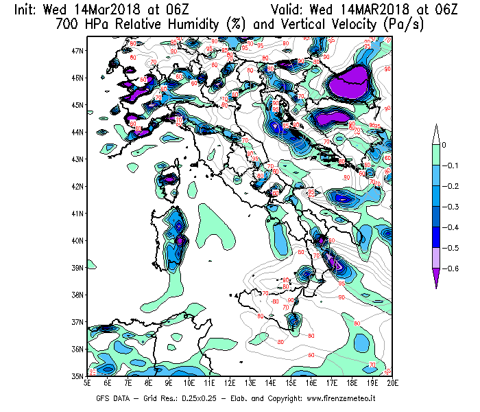Mappa di analisi GFS - Umidità relativa [%] e Omega [Pa/s] a 700 hPa in Italia
									del 14/03/2018 06 <!--googleoff: index-->UTC<!--googleon: index-->