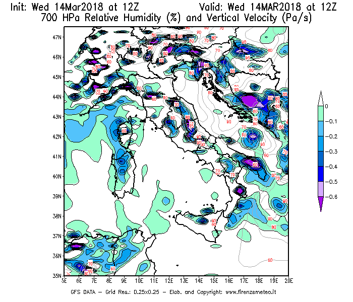 Mappa di analisi GFS - Umidità relativa [%] e Omega [Pa/s] a 700 hPa in Italia
							del 14/03/2018 12 <!--googleoff: index-->UTC<!--googleon: index-->