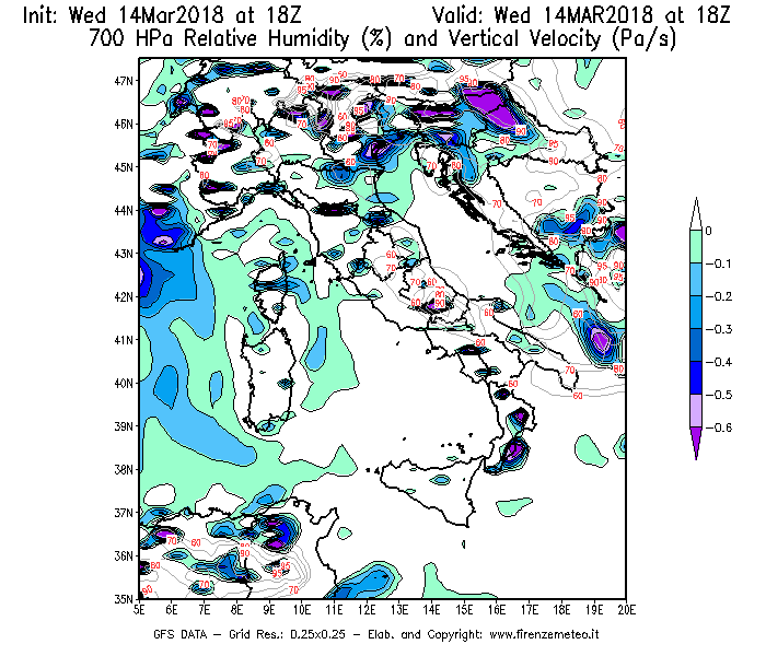 Mappa di analisi GFS - Umidità relativa [%] e Omega [Pa/s] a 700 hPa in Italia
							del 14/03/2018 18 <!--googleoff: index-->UTC<!--googleon: index-->