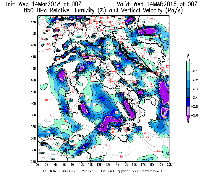 Mappa di analisi GFS - Umidità relativa [%] e Omega [Pa/s] a 850 hPa in Italia
							del 14/03/2018 00 <!--googleoff: index-->UTC<!--googleon: index-->