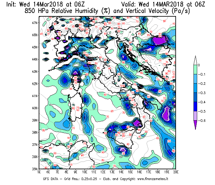Mappa di analisi GFS - Umidità relativa [%] e Omega [Pa/s] a 850 hPa in Italia
							del 14/03/2018 06 <!--googleoff: index-->UTC<!--googleon: index-->