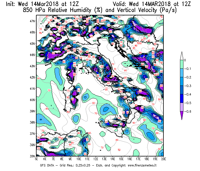Mappa di analisi GFS - Umidità relativa [%] e Omega [Pa/s] a 850 hPa in Italia
							del 14/03/2018 12 <!--googleoff: index-->UTC<!--googleon: index-->