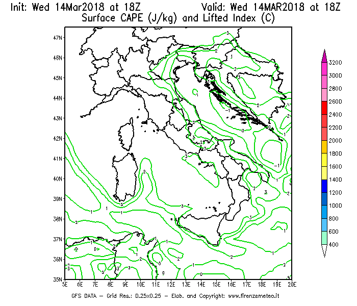 Mappa di analisi GFS - CAPE [J/kg] e Lifted Index [°C] in Italia
									del 14/03/2018 18 <!--googleoff: index-->UTC<!--googleon: index-->