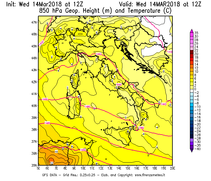 Mappa di analisi GFS - Geopotenziale [m] e Temperatura [°C] a 850 hPa in Italia
							del 14/03/2018 12 <!--googleoff: index-->UTC<!--googleon: index-->