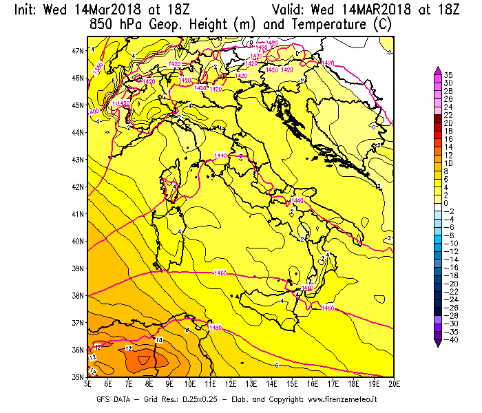 Mappa di analisi GFS - Geopotenziale [m] e Temperatura [°C] a 850 hPa in Italia
							del 14/03/2018 18 <!--googleoff: index-->UTC<!--googleon: index-->