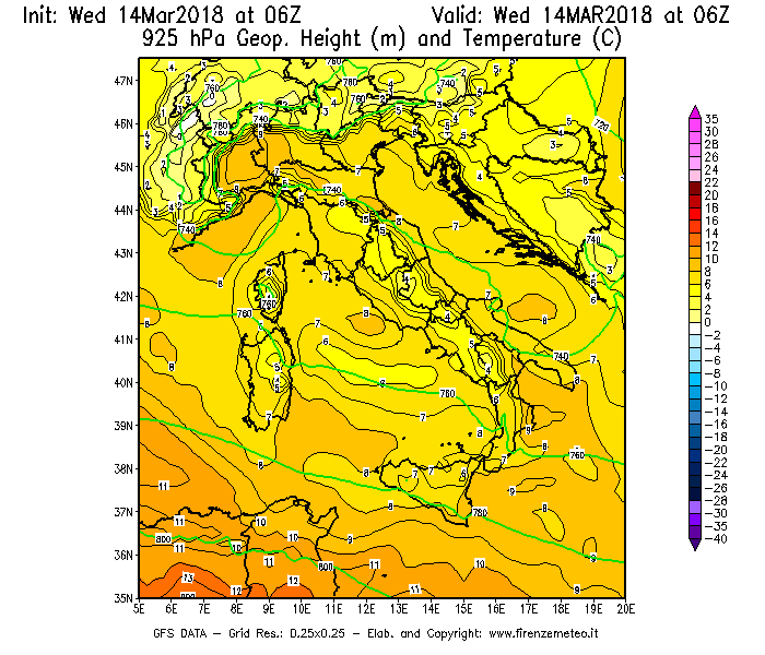 Mappa di analisi GFS - Geopotenziale [m] e Temperatura [°C] a 925 hPa in Italia
							del 14/03/2018 06 <!--googleoff: index-->UTC<!--googleon: index-->