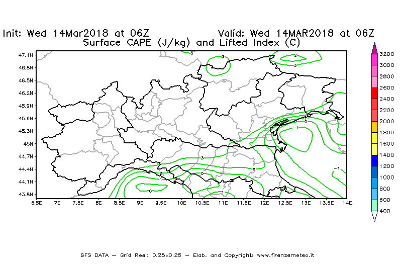 Mappa di analisi GFS - CAPE [J/kg] e Lifted Index [°C] in Nord-Italia
									del 14/03/2018 06 <!--googleoff: index-->UTC<!--googleon: index-->