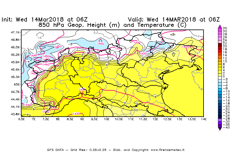 Mappa di analisi GFS - Geopotenziale [m] e Temperatura [°C] a 850 hPa in Nord-Italia
									del 14/03/2018 06 <!--googleoff: index-->UTC<!--googleon: index-->