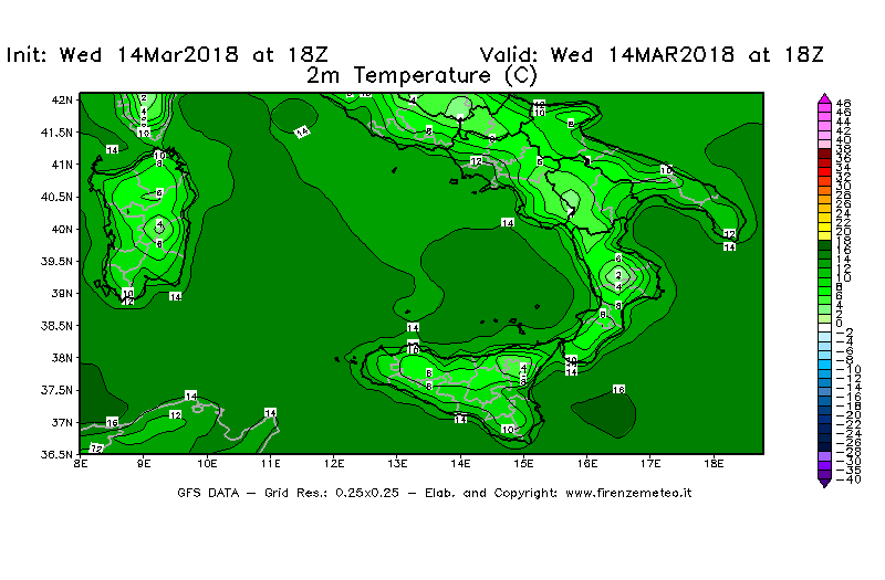 Mappa di analisi GFS - Temperatura a 2 metri dal suolo [°C] in Sud-Italia
									del 14/03/2018 18 <!--googleoff: index-->UTC<!--googleon: index-->