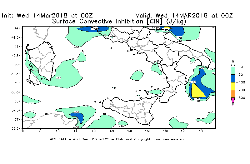 Mappa di analisi GFS - CIN [J/kg] in Sud-Italia
									del 14/03/2018 00 <!--googleoff: index-->UTC<!--googleon: index-->