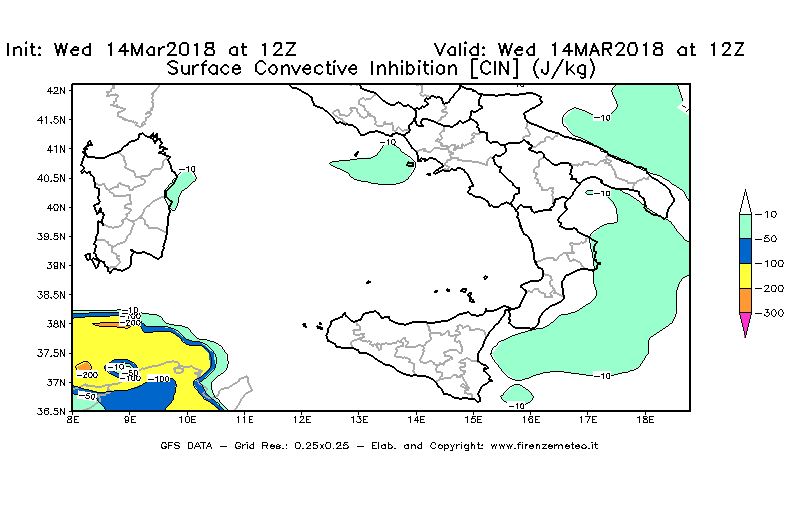 Mappa di analisi GFS - CIN [J/kg] in Sud-Italia
									del 14/03/2018 12 <!--googleoff: index-->UTC<!--googleon: index-->