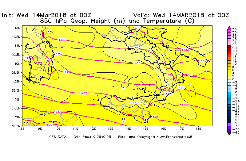 Mappa di analisi GFS - Geopotenziale [m] e Temperatura [°C] a 850 hPa in Sud-Italia
									del 14/03/2018 00 <!--googleoff: index-->UTC<!--googleon: index-->