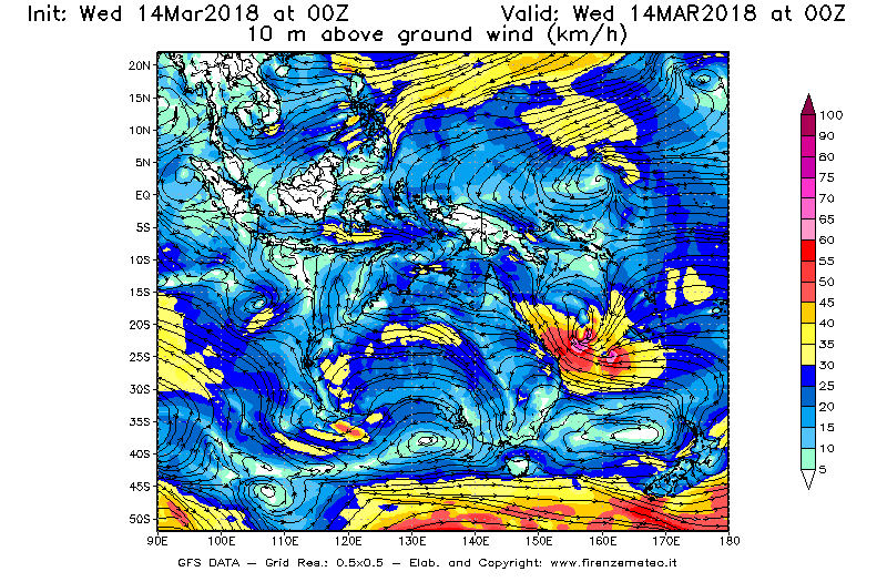 Mappa di analisi GFS - Velocità del vento a 10 metri dal suolo [km/h] in Oceania
							del 14/03/2018 00 <!--googleoff: index-->UTC<!--googleon: index-->