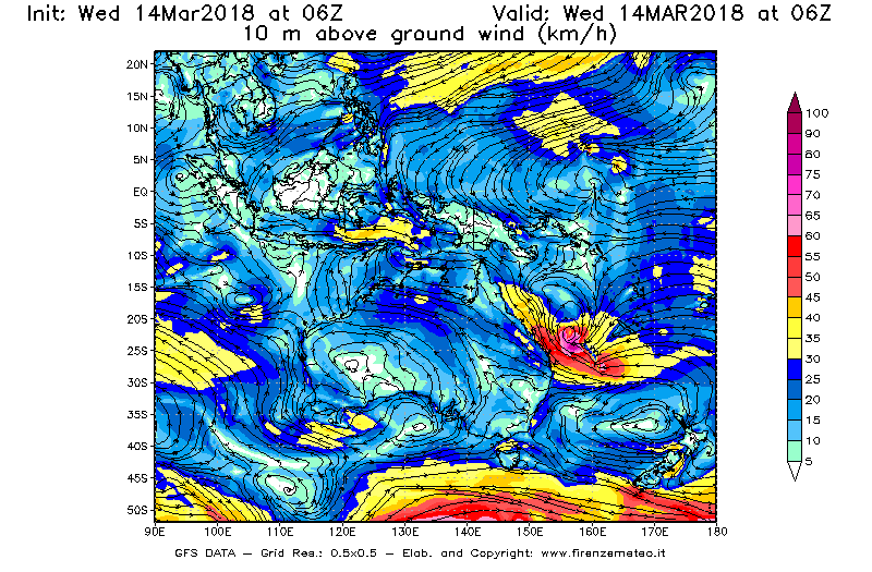 Mappa di analisi GFS - Velocità del vento a 10 metri dal suolo [km/h] in Oceania
							del 14/03/2018 06 <!--googleoff: index-->UTC<!--googleon: index-->