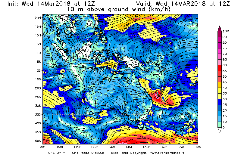 Mappa di analisi GFS - Velocità del vento a 10 metri dal suolo [km/h] in Oceania
									del 14/03/2018 12 <!--googleoff: index-->UTC<!--googleon: index-->
