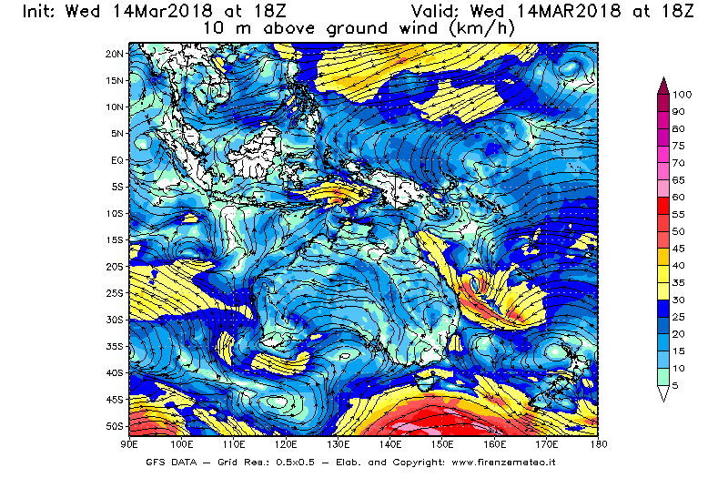 Mappa di analisi GFS - Velocità del vento a 10 metri dal suolo [km/h] in Oceania
							del 14/03/2018 18 <!--googleoff: index-->UTC<!--googleon: index-->