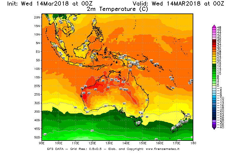 Mappa di analisi GFS - Temperatura a 2 metri dal suolo [°C] in Oceania
									del 14/03/2018 00 <!--googleoff: index-->UTC<!--googleon: index-->