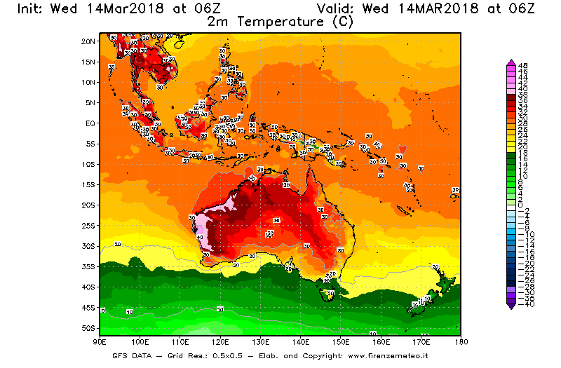 Mappa di analisi GFS - Temperatura a 2 metri dal suolo [°C] in Oceania
							del 14/03/2018 06 <!--googleoff: index-->UTC<!--googleon: index-->