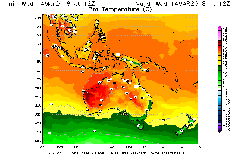 Mappa di analisi GFS - Temperatura a 2 metri dal suolo [°C] in Oceania
									del 14/03/2018 12 <!--googleoff: index-->UTC<!--googleon: index-->