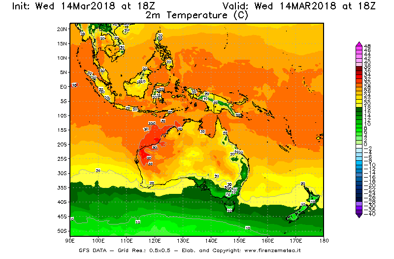 Mappa di analisi GFS - Temperatura a 2 metri dal suolo [°C] in Oceania
							del 14/03/2018 18 <!--googleoff: index-->UTC<!--googleon: index-->